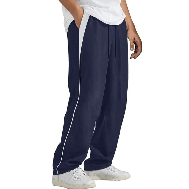 Lovzfmll Men's Color-Block Casual Pants, Elastic Waist with Pockets, Modern Design for a Fashion-Forward Statement Navy, L