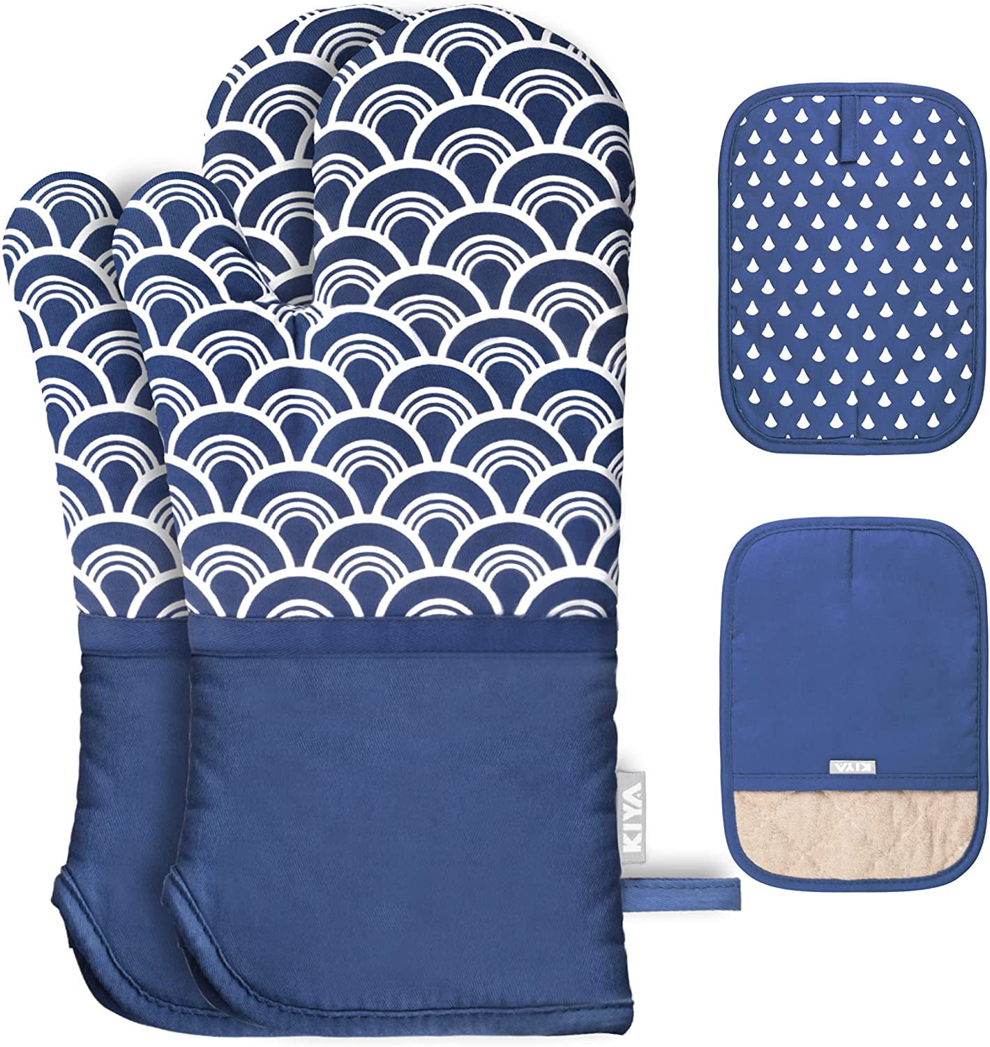 Heat Resistant Oven Gloves with 100% Cotton Non-Slip Silicone for Cooking Baking Grilling KIYA Oven Mitts Sets … 2-Piece Sets Blue 
