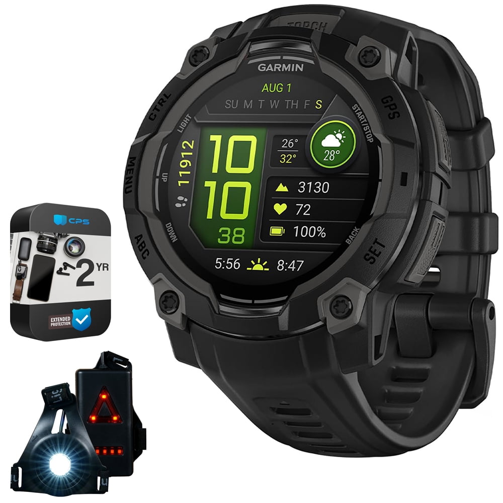 Garmin Instinct 3 - 45 mm Outdoor GPS Smartwatch, AMOLED, Black with Black Band 010-02936-00 Bundle with 2 Year Extended Warranty & Deco Essentials Wearable Safety Light