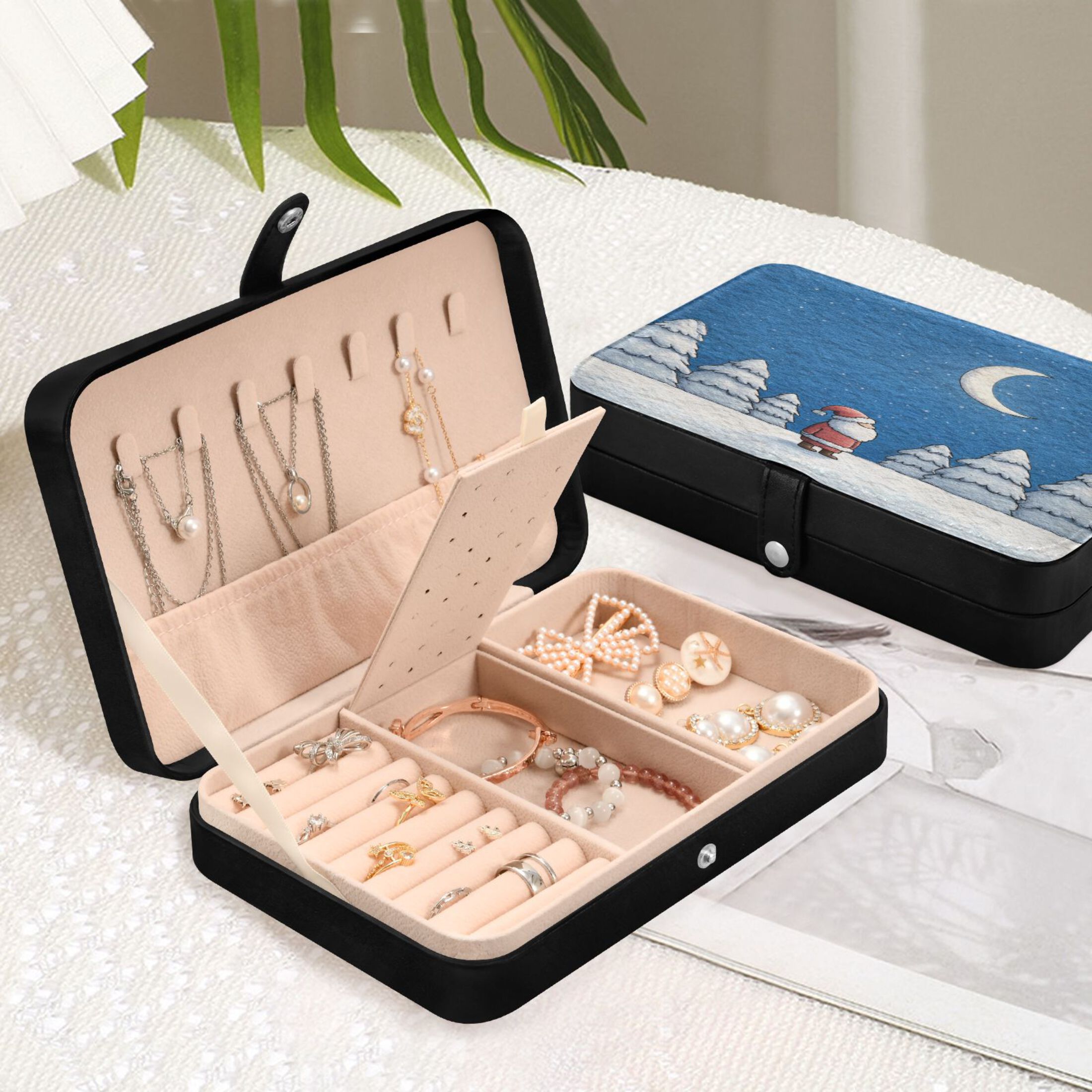 Leather Jewelry Box Rectangular 8.27x5.5x1.78In Travel Jewelry Storage Earrings Necklace Bracelet Watch Brooch Storage Christmas Eve