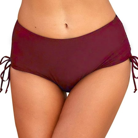 YOTMKGDO Bikini Bottoms for Women  Panties for Women  Shorts Women Sides s Briefs Running Both High Beach Bikini Wrinkled Ruched Drawstring for Shorts Swim Waist  High Waisted | 03_Burgundy + L