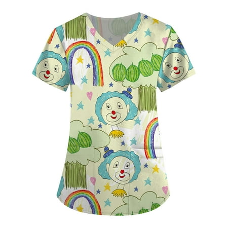 

Apepal Women Print Short Sleeve V-Neck Scrub Tops Working T-shirt