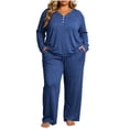 thumbnail image 3 of Two Piece Lounge Set for Women Solid Color Button V-neck Long Sleeved Shirt Fashionable Pants Casual Soft Sleepwear Set, 3 of 7