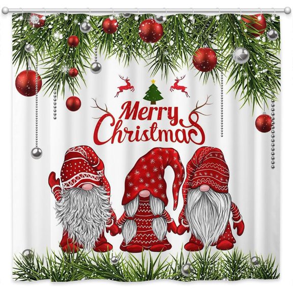 Christmas Gnome Shower Curtain Winter Farmhouse Cute Gnome Bathroom Curtain Set Red Xmas Ball Holiday Polyester Fabric Bathtub Decor with 12 Hooks 72x72 Inches