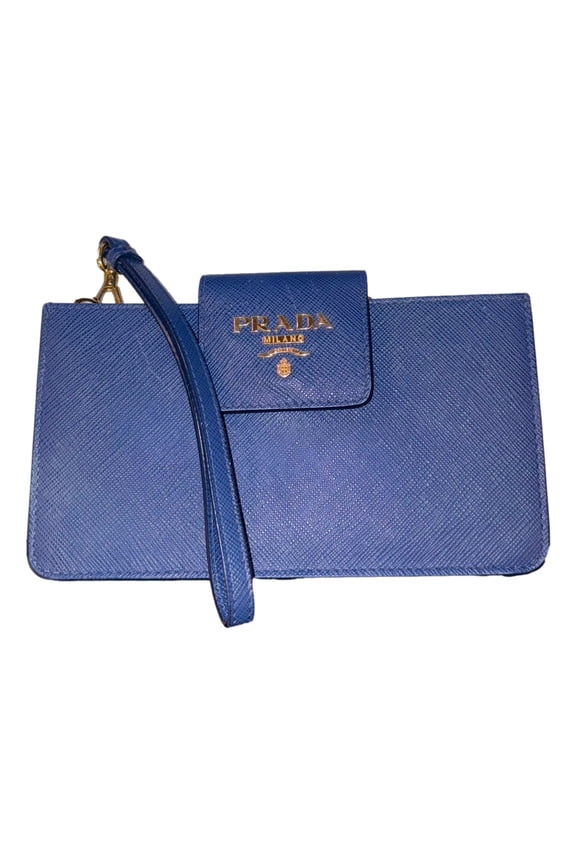 Pre-Owned Prada Saffiano Leather Blue Wristlet Clutch Wallet 1ZH025