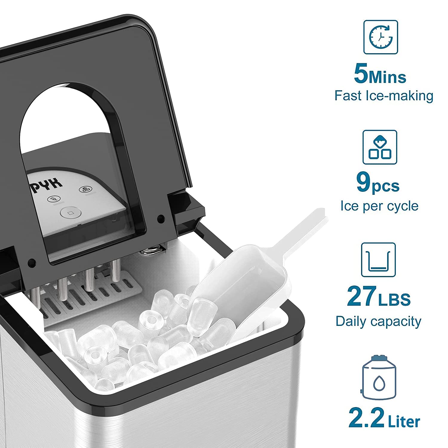 Counter top Ice Maker Machine with Self-Cleaning 27 lbs in 24 hrs Ice  Cubes Per 5-7 Mins Portable Ice Maker Cube Compact Automatic Ice Maker  Ice Scoop and Basket, Stainless Steel