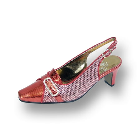 Rhinestone Slingback - FLORAL Elena Women's Wide Width Rhinestone Jewel Buckle Closed Toe Slingback RED 6.5