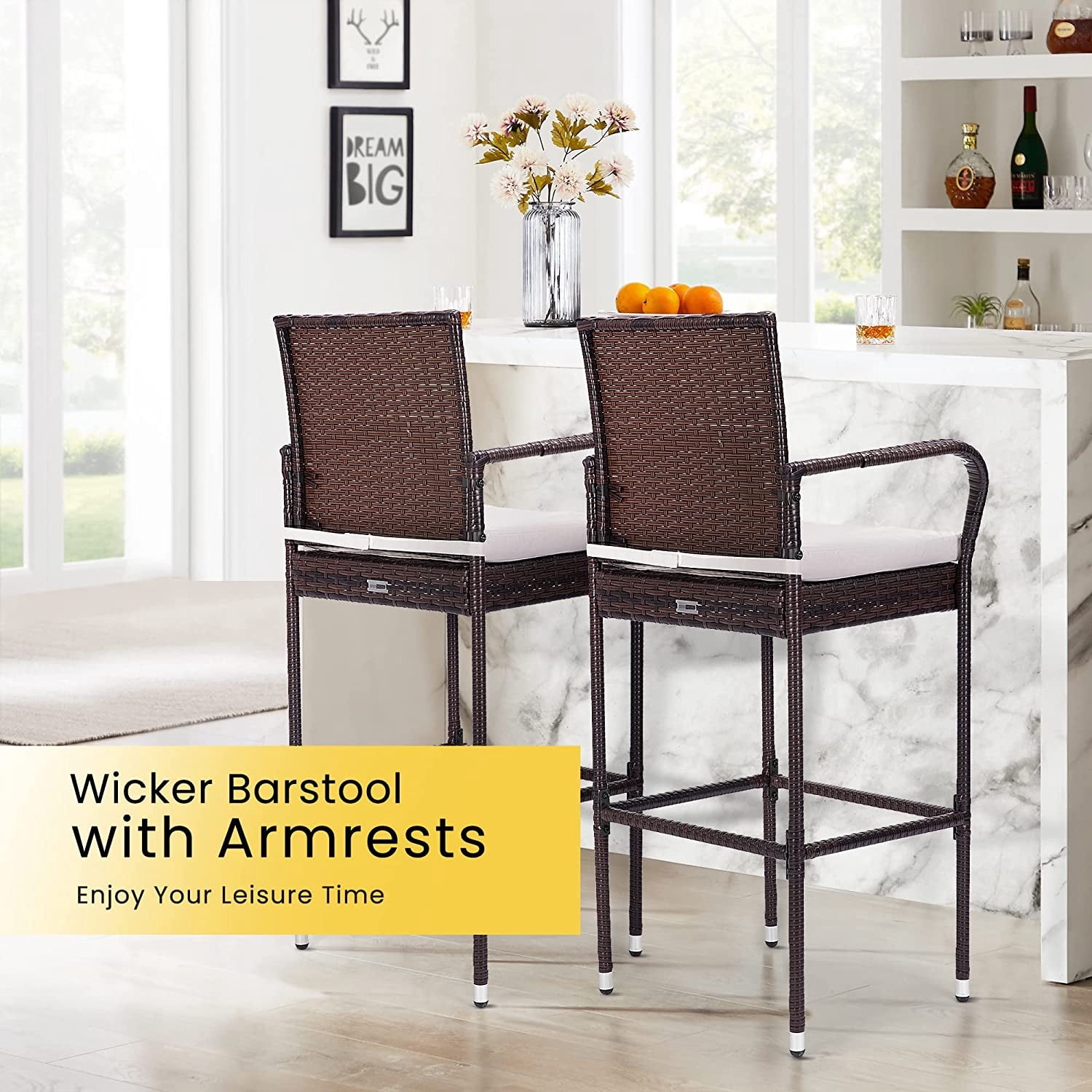 SPECSTAR Outdoor Wicker Bar stools Chair with Armrests and Cushions, 2-Packs Set