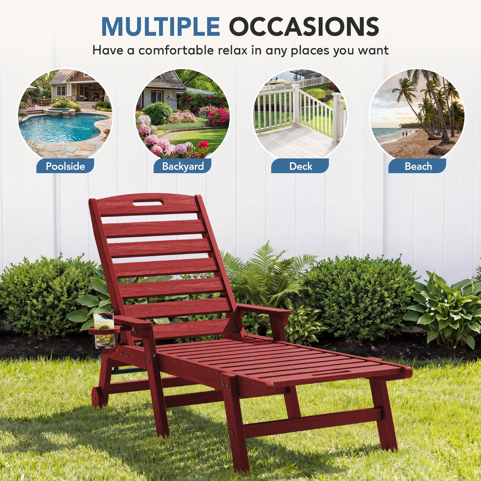 LOYALICE Adjustable Wheeled HDPE Plastic Outdoor Patio Lounge Chair W/ Cup Holder,78.3"x25.1"x16.3", Dark Red