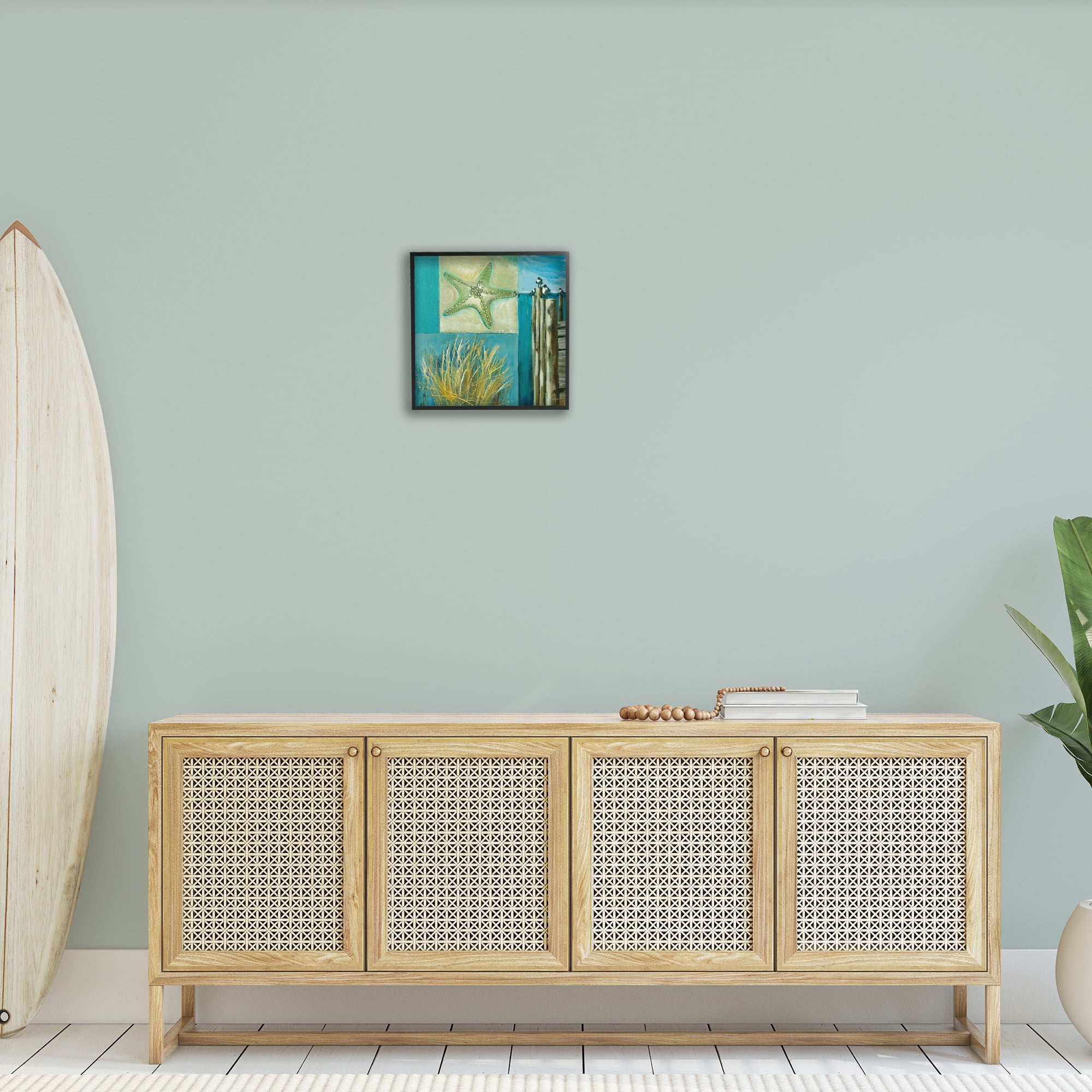 Stupell Industries Modern Beach Dock Collage Landscape Painting Black Framed Art Print Wall Art, 17 x 17