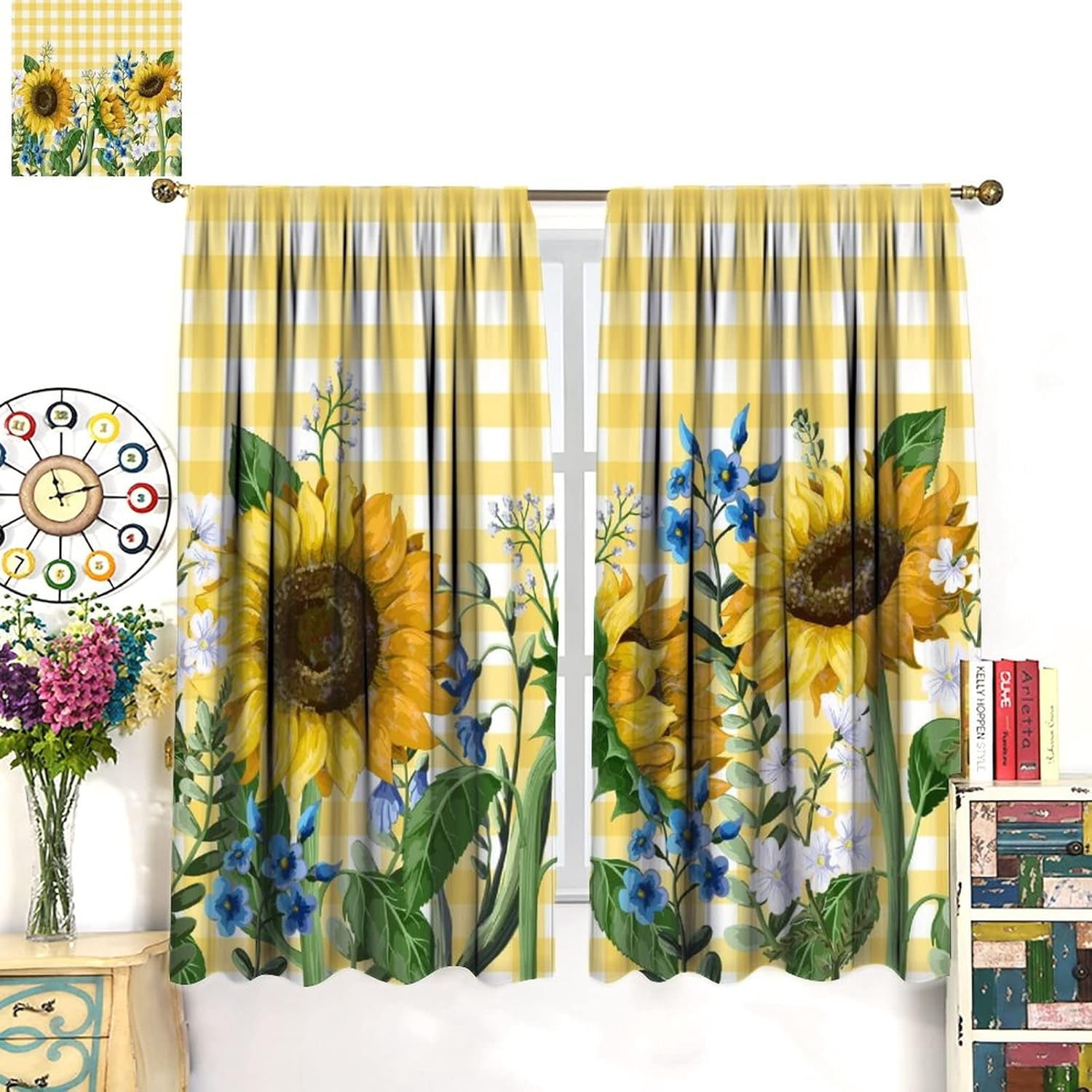 Sunflower Blackout Curtains Spring Beautiful Floral Bright Yellow White Buffalo Check Plaid Colorful Rustic Art Print for Living Room Bedroom Kitchen Decor Rod Pocket Window Drapes 2 Panels 42x54in