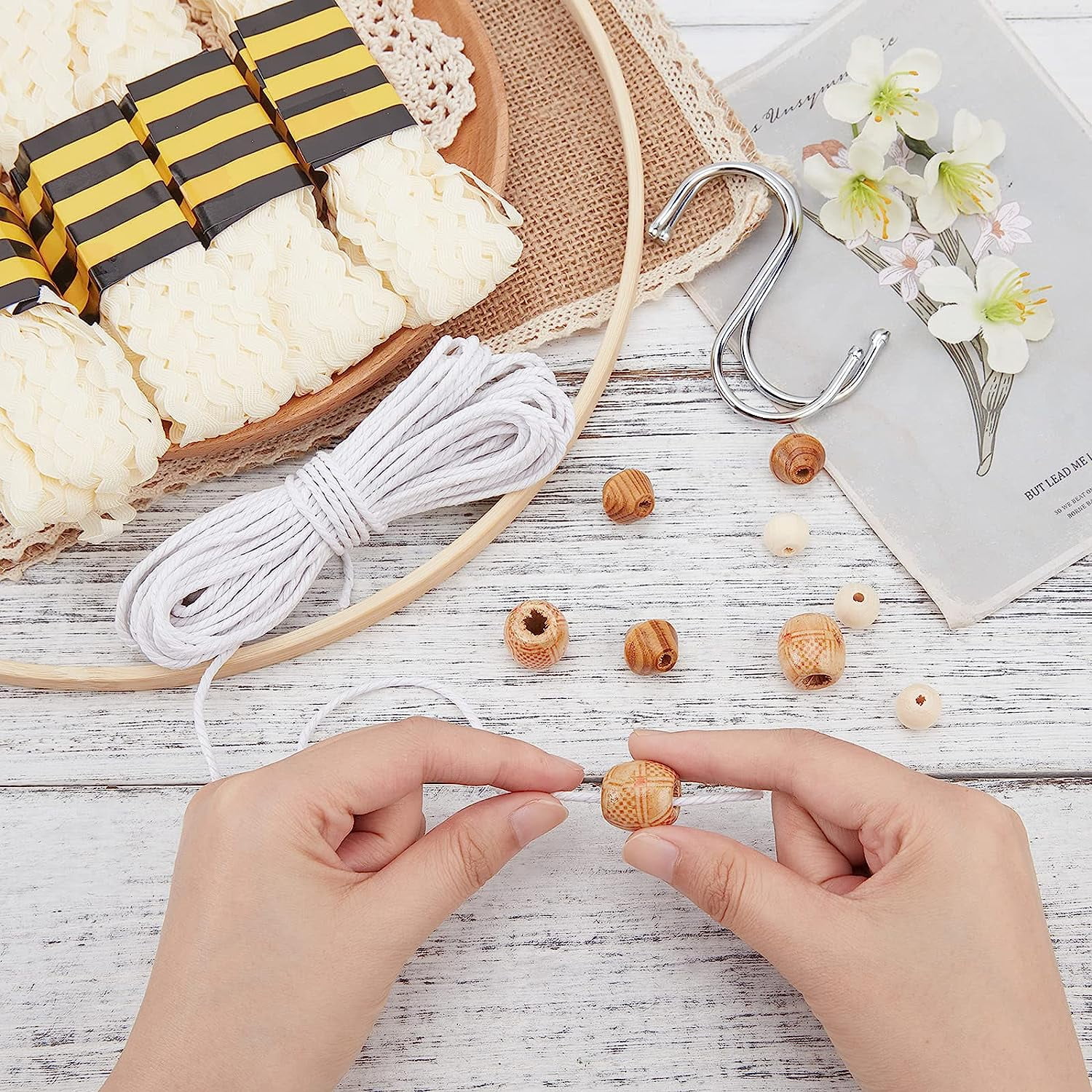 161 Pcs Wooden Beads Kits Round Barrel Bicone Wood Beads with Polypropylene Fiber Ribbons Bamboo Circle Cross Stitch Hoop Ring Cotton Lace Cup Coasters DIY Decorations Making