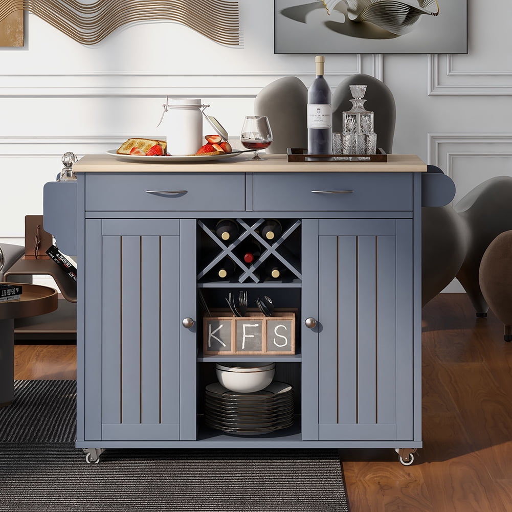 Kadyn Kitchen Island Cart, Kitchen Cart with Two Storage Cabinets and Four Locking Wheels, Kitchen Cart Cabinet with Wine Rack and Two Drawers, Gray Blue Kadyn Kitchen Island Cart, Kitchen Cart with Two Storage Cabinets and Four Locking Wheels, Kitchen Cart Cabinet with Wine Rack and Two Drawers, Gray Blue