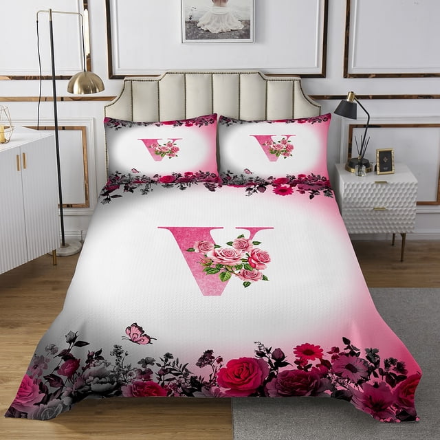 Erosebridal Letter Initial Coverlet Set King,Monogrammed Personalized Bedding Set,Flower Decor,Ultra Soft,3 Pieces