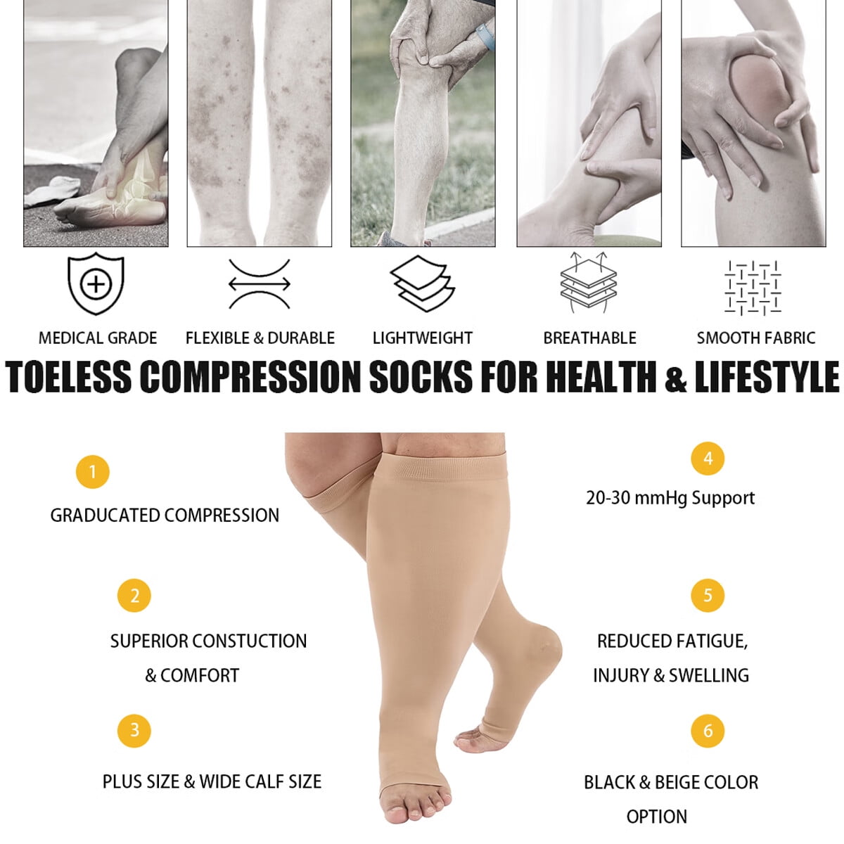 Tancuzo Plus Size Compression Socks Circulation Support 20-30 mmHg Knee  High Medical Pro Toeless Open Toe Compression for Women 