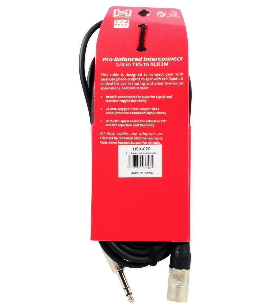 Hosa Technology 20 ft HSX-020 Rean 1/4" TRS-XLR-3 Male Balanced Inter-Connect Cable, Black