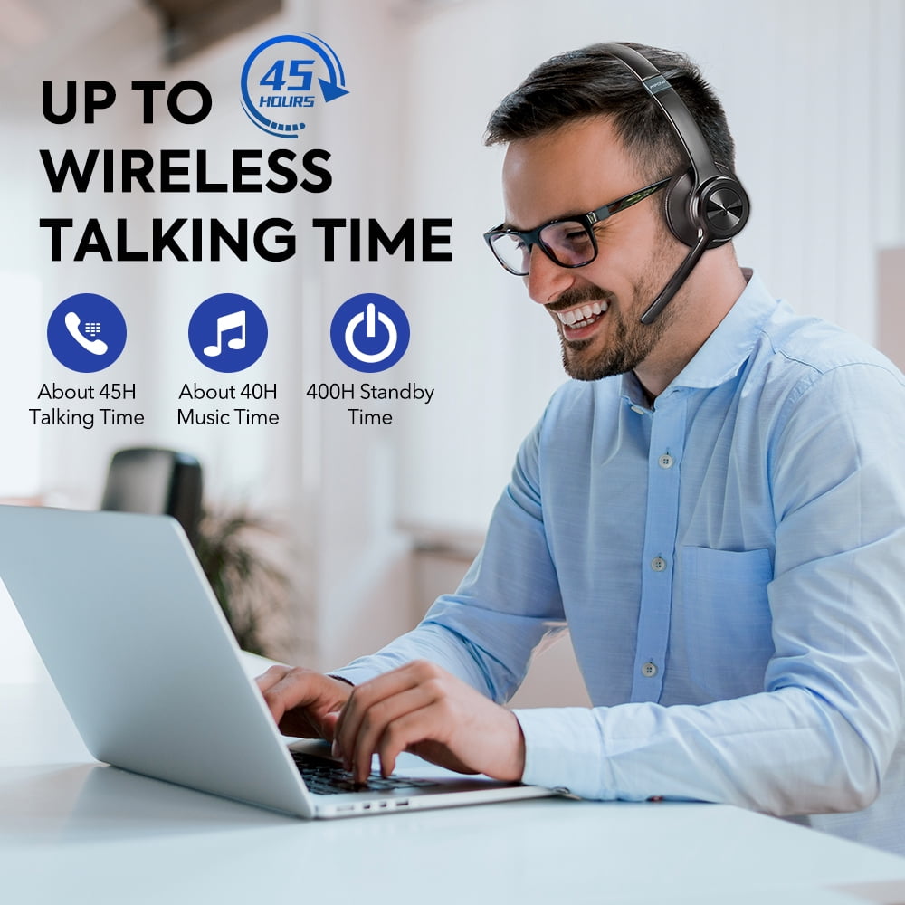 Bluetooth Headset V5.3, Superior Stereo Vibration Sound with Active Noise Cancelling Microphone, Dual Device Connection, 45H Talk Time Comfortable On-Ear Wireless Headphones for Phones, Computers