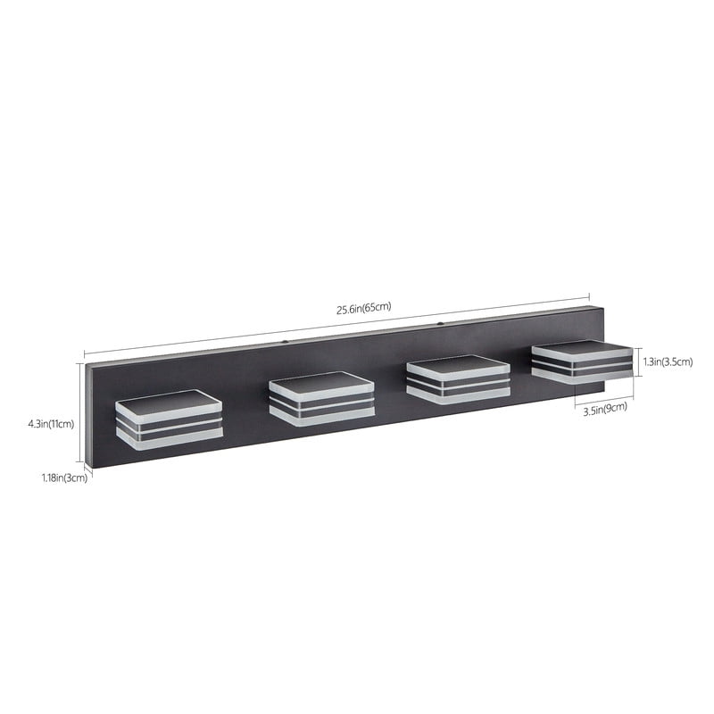 26" Modern 4 Light LED Vanity Light, Black Bathroom Light Fixture Over Mirror with Square Acrylic Shades, Wall Mounted Bathroom Lighting for Makeup, Bedroom, Powder Room