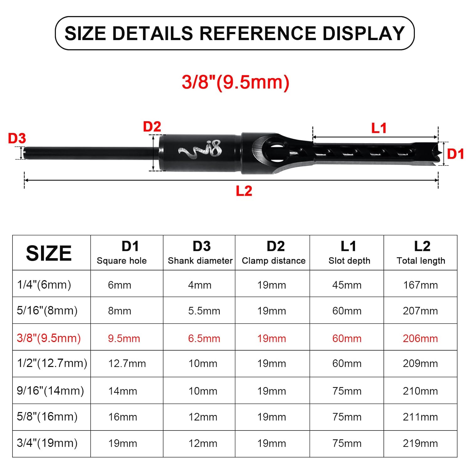 FRKSMD-Square Hole Drill Bit Set for Wood, Bearing Steel Hardness Sharp Mortise Drill Bit 3/8-Inch Woodworking Mortising Drill Bit