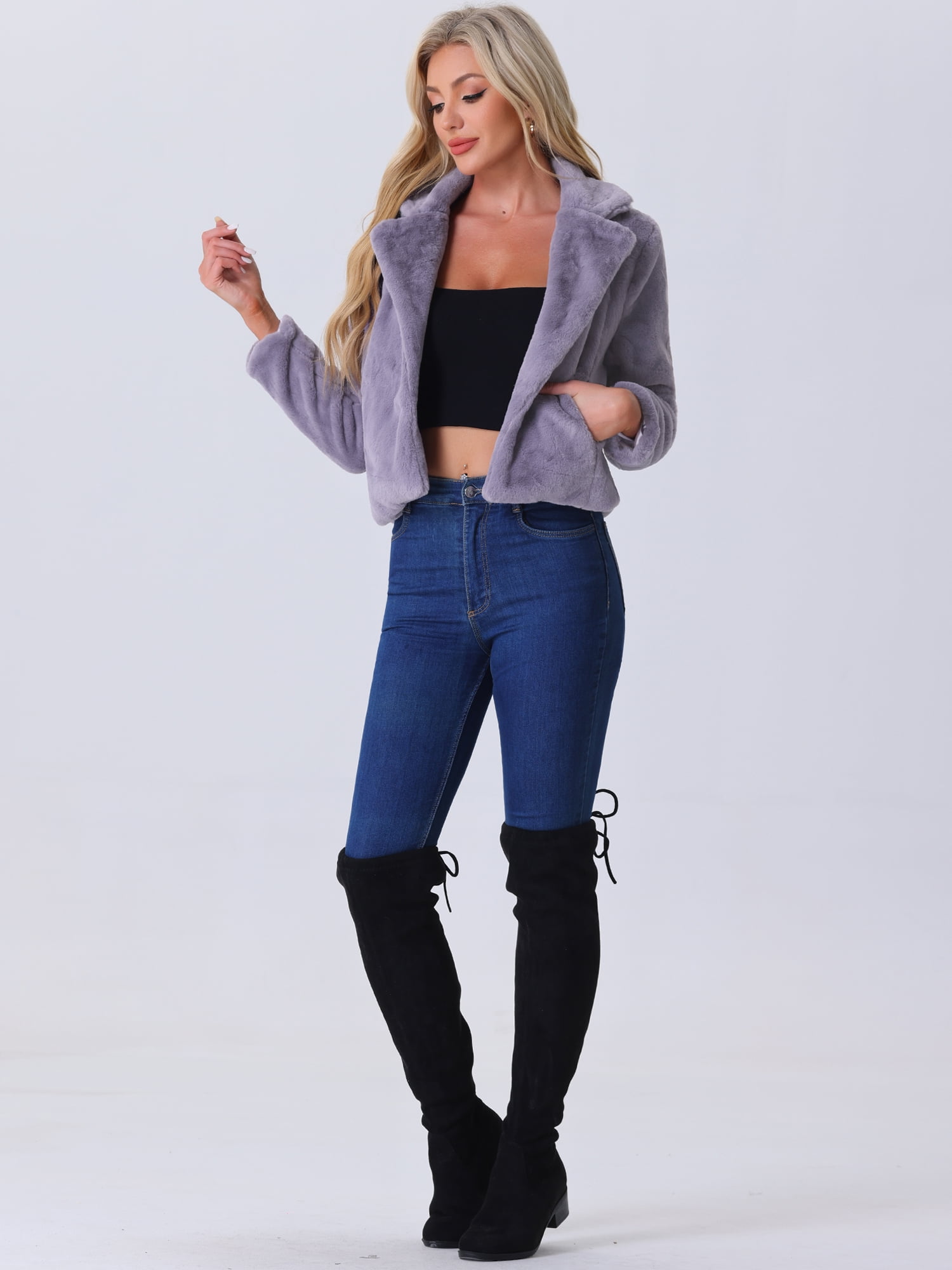 DARING DIVA Women's Cropped Notch Lapel Faux Fur Fluffy Coat L Grey Purple