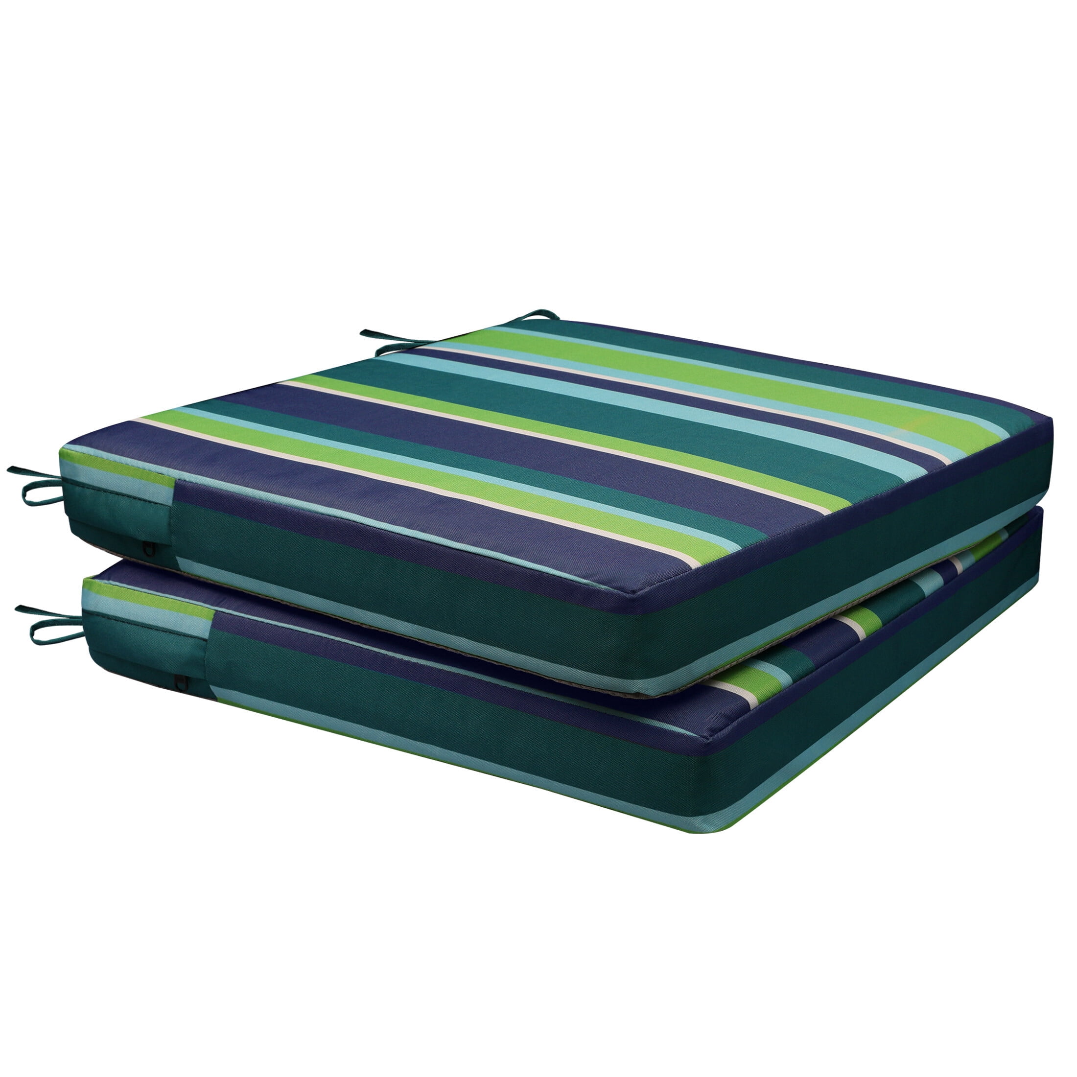 Outdoor Seat Cushion for Patio Furniture Dining Chair Pad Replacement, 18.5 x 16, Set of 2, Blue Green Stripes