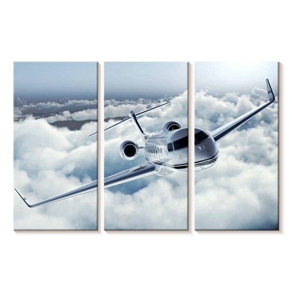 Elephant Stock Flying Luxury Private Jet Wall Art - Horizontal Multi Panel Canvas - Living Room Wall Decor - Transportation Multi Panel - Silver And Gray Decor - 23" x 14"