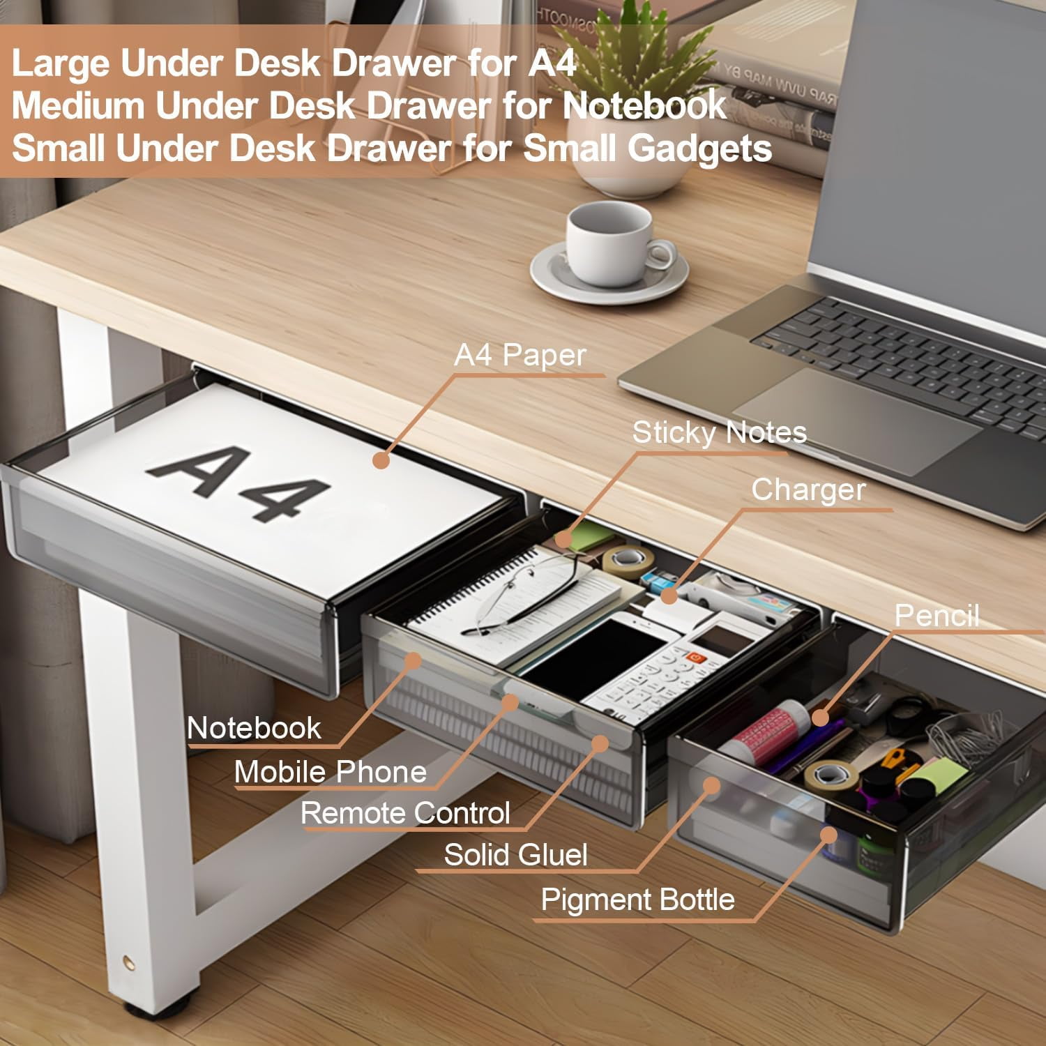 Under Desk Table Drawer Storage Organizer,3 Pack Large & Medium & Small Slide Out Desk Drawers - Hidden Desktop Organizer,Attachable Pencil Storage Tray Under Table(SML)