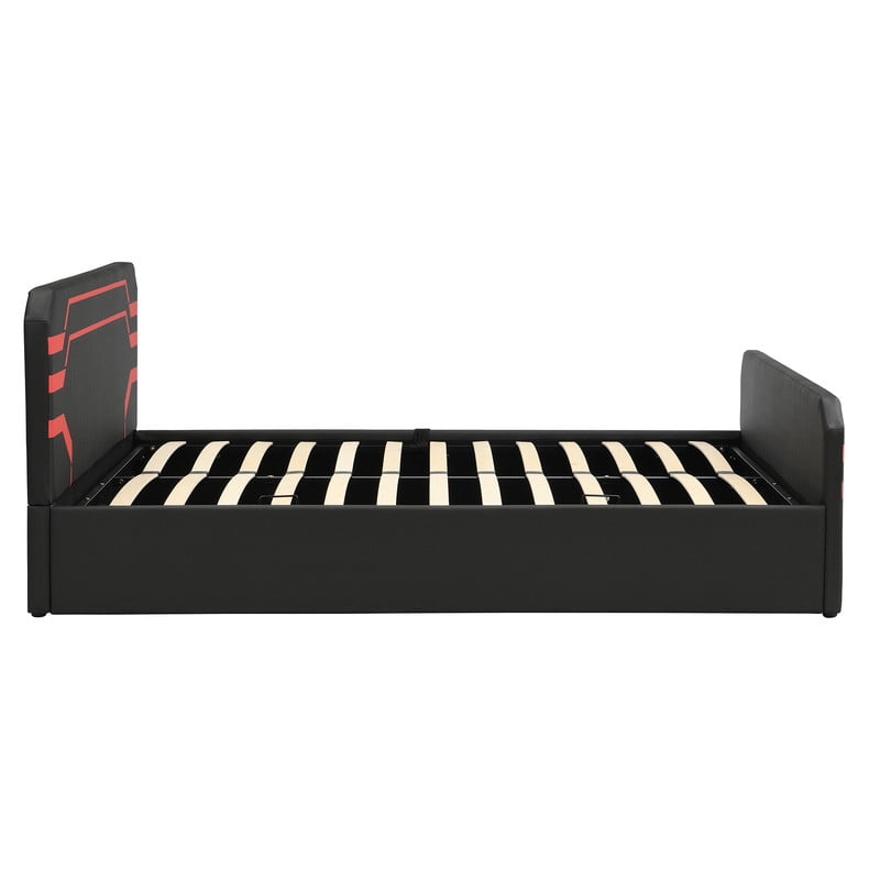 Queen Size PU Leather Gaming Bed Frame with Hydraulic Storage, Cyberpunk Style Platform Bed with Futuristic Pattern Headboard