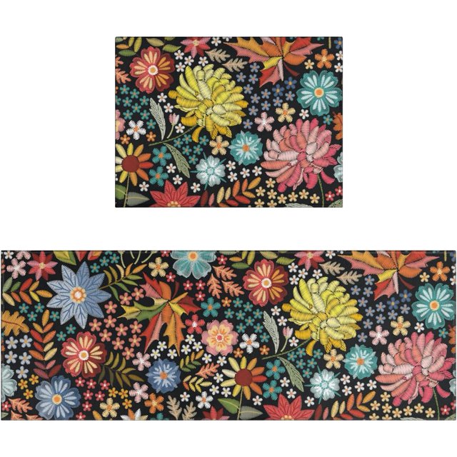 Boho Kitchen Rug Mat Set of 2 Washable Colorful Embroidery Flowers