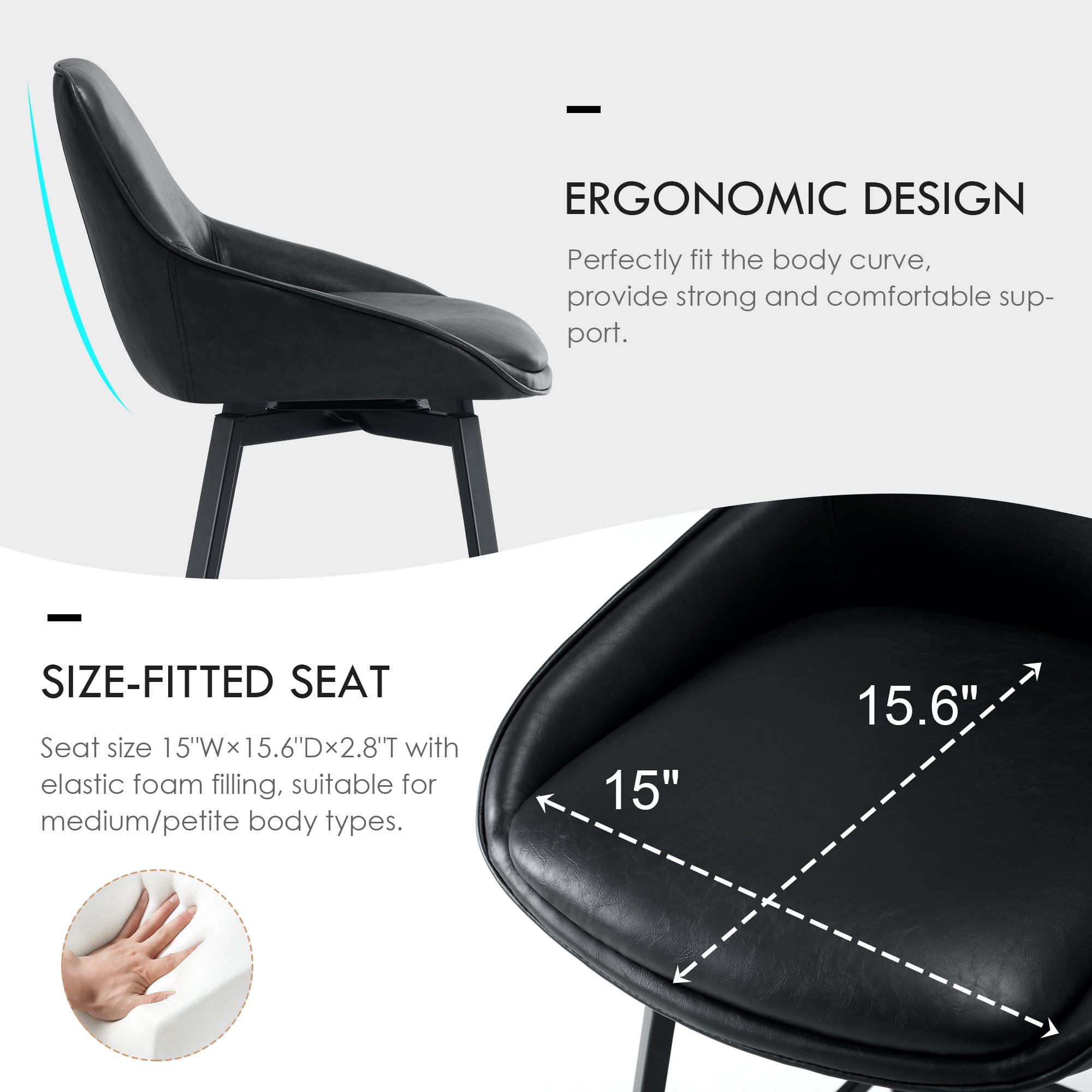 Zesthouse Swivel Bar Stools Set of 3, 25.6″ Faux Leather Counter Height Barstool with Backs, Upholstered Counter Stools, Modern Kitchen Chairs with Metal Legs, Black