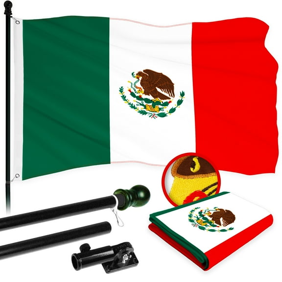 G128 Combo Pack: 6 Ft Tangle Free Aluminum Spinning Flagpole (Black) & Mexico Mexican Flag 3x5 Ft, ToughWeave Series Embroidered 300D Polyester | Pole with Flag Included