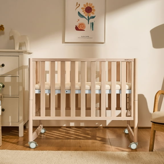 Mamazing 7-in-1 Convertible Baby Crib with mattress, 4 Adjustable Heights Pinewood Foldable Infant Cradle Converts to Twin Bed Playpen Mini Sofa