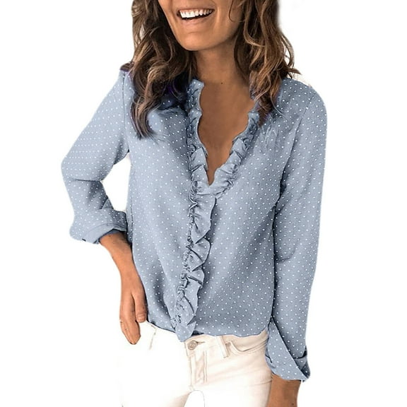 Black and Friday Deals 2023 asdoklhq Long Sleeve Shirts for Women,Women Wave Point Print Blouse Tops Cotton Long Sleeve Coat V-Neck Blouse