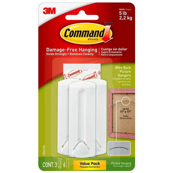 Command Wire-Backed Picture Hanging Hooks, White, Large 3 Hangers, 6 Strips/Pack, 2 Pack