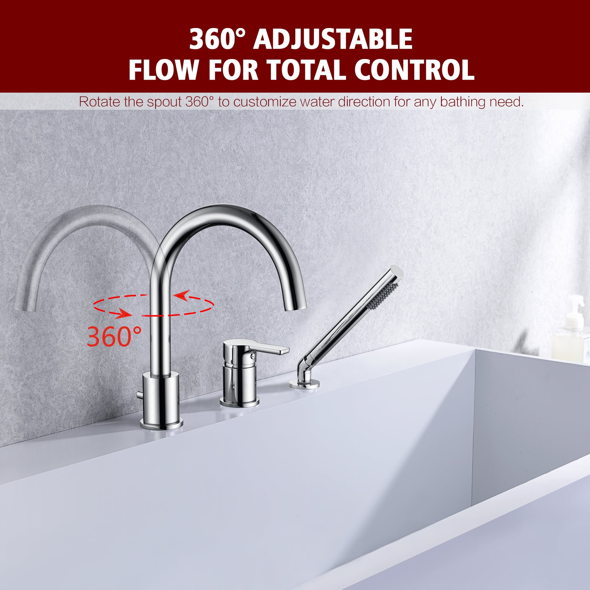 3 Hole Deck Mount Roman Tub Faucet with Hand Shower, Solid Brass Chrome Finish Valve Included High-arc Spout Chrome