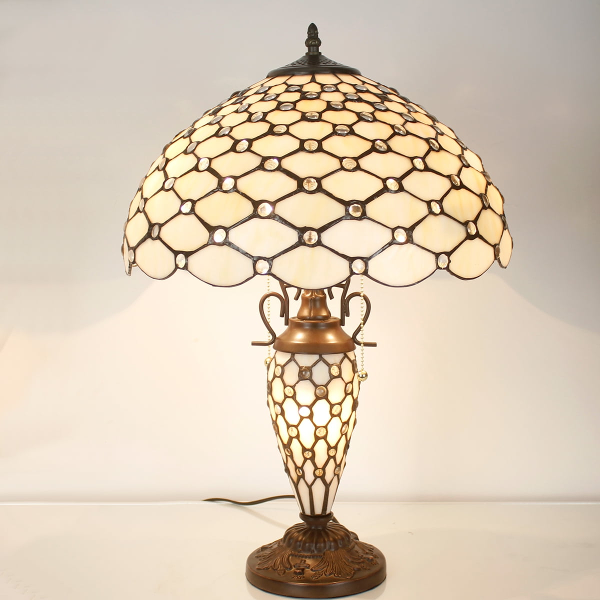 Tiffany Style Table Lamp W16H24 Inch Tall Stained Glass Crystal Pear Bead Lampshade Antique Night Light Base S005  LAMPS Lover Living Room Bedroom Office Study Reading Desk Nightstand Gifts