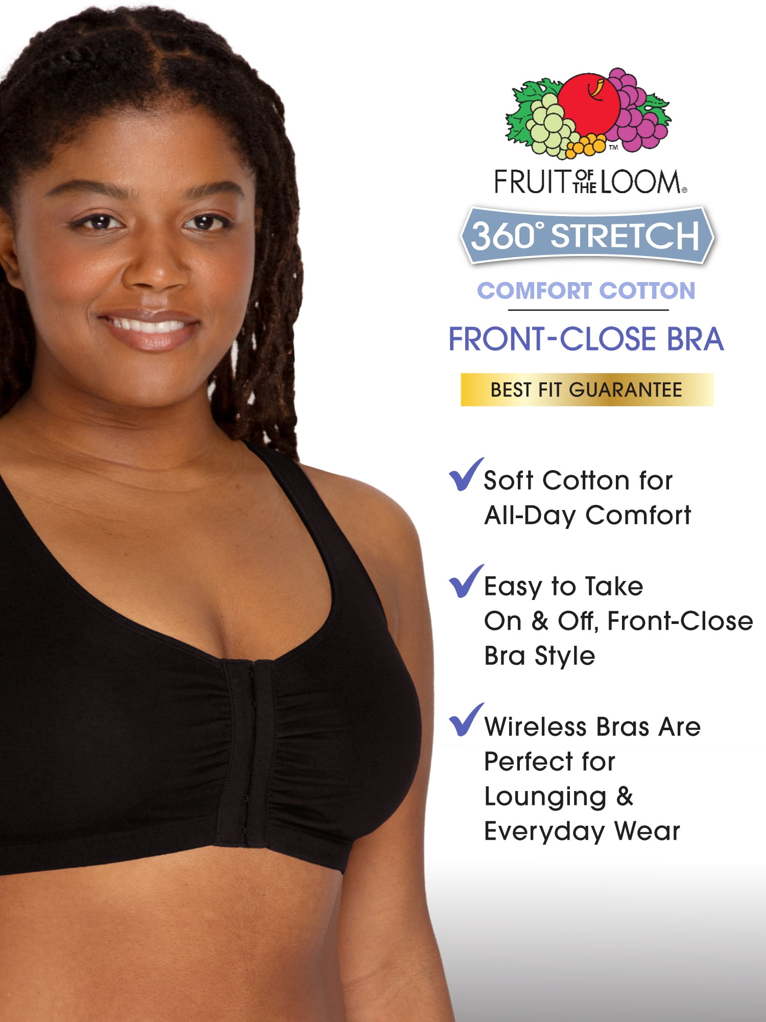 Fruit of the Loom Women's Comfort Front Close Sports Bra, 3-Pack, Style 96014D