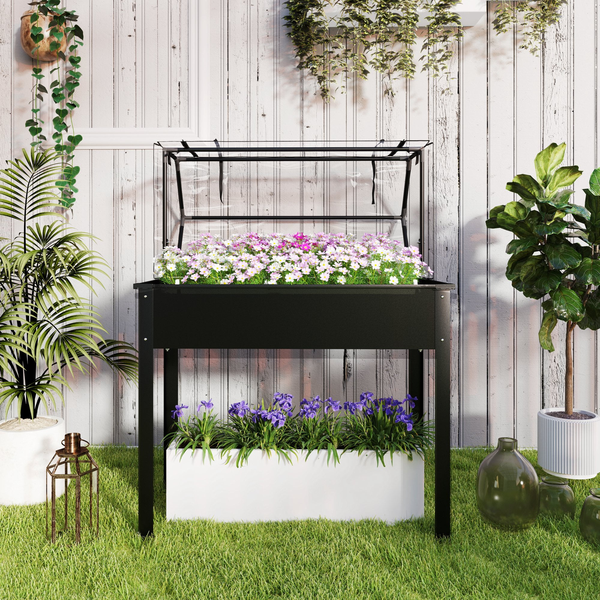 Outsunny Raised Garden Bed with Greenhouse Cover, Elevated Garden Box with Legs and Drainage Hole for Vegetables, Black