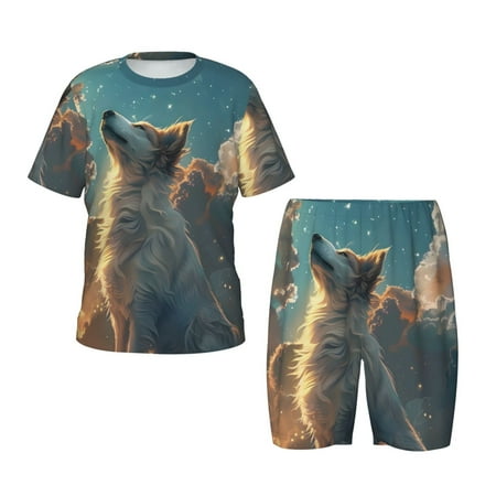 Luyuia Starry Sky Cloud Wolf Print Girls  2-Piece Tie-Dye Pajama Set  Cute Summer Loungewear with Shirt and Tank Shorts Nightwear-Small