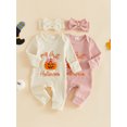 thumbnail image 3 of RUINIXCW Newborn Baby Girl My First Halloween Fall Winter Clothes Infant Baby Girls Waffled Romper Pumpkin Embroidery Long Sleeve Jumpsuit with Headband, 3 of 9