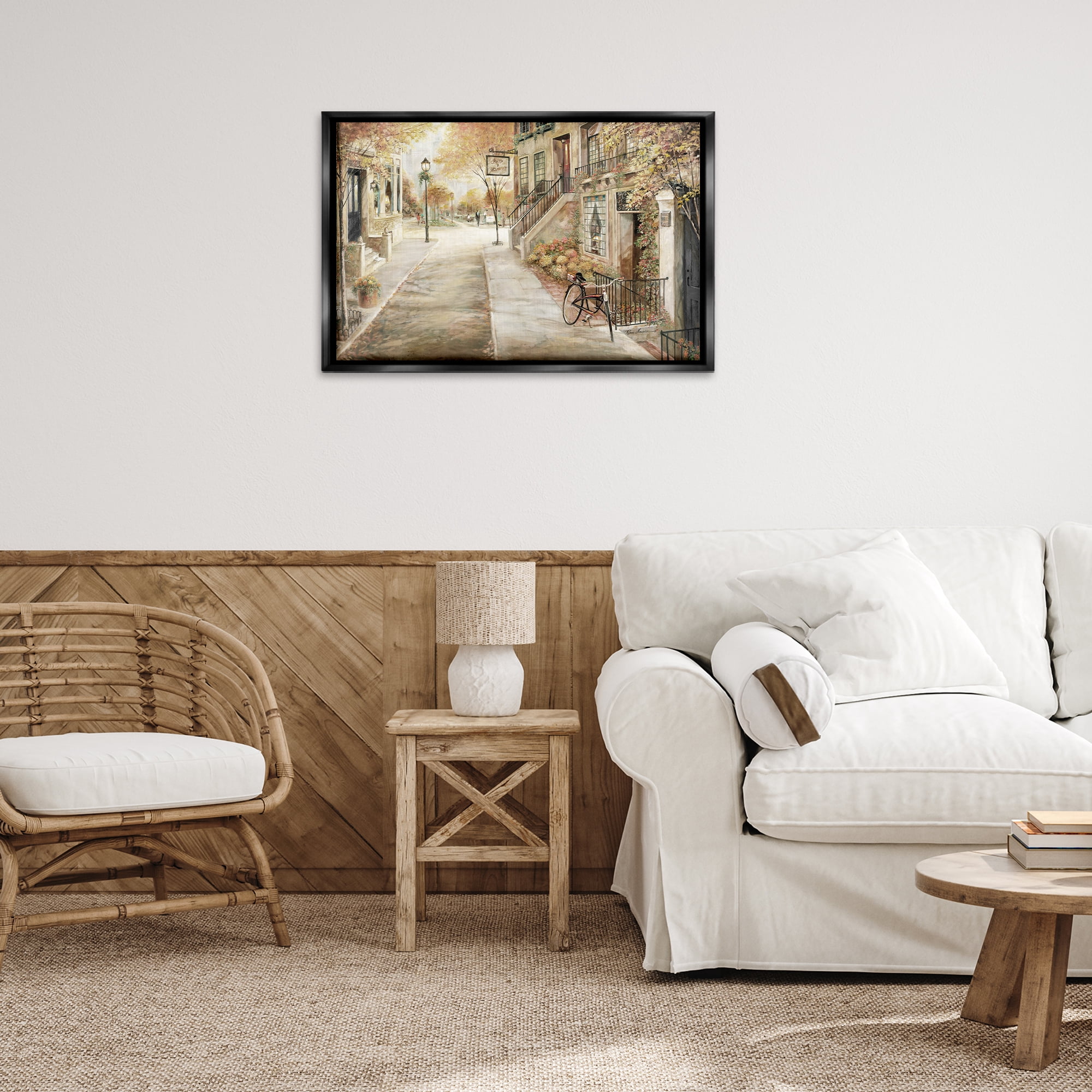 Stupell Industries Bicycle on Town Street Scenic & Cityscapes Painting Black Floater Framed Canvas Art Print Wall Art, 31 x 21