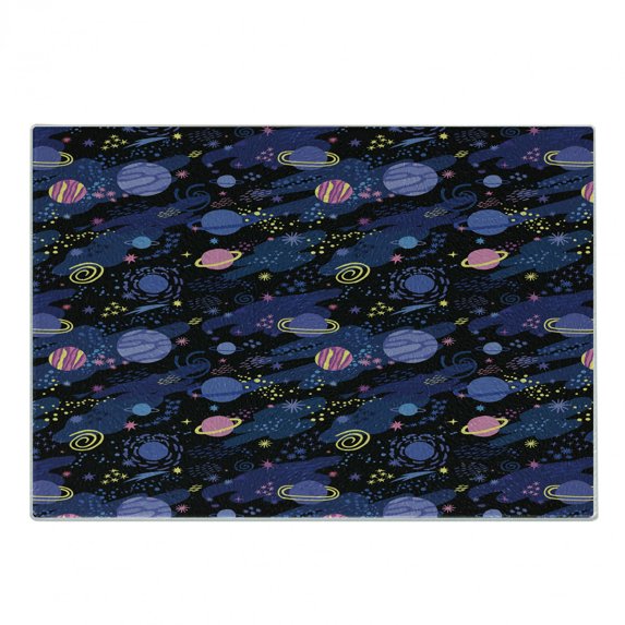 Galaxy Cutting Board, Outer Space Planets Cosmic Journey Milky Way Zodiac Moon Doodle, Decorative Tempered Glass Cutting and Serving Board, in 3 Sizes, by Ambesonne