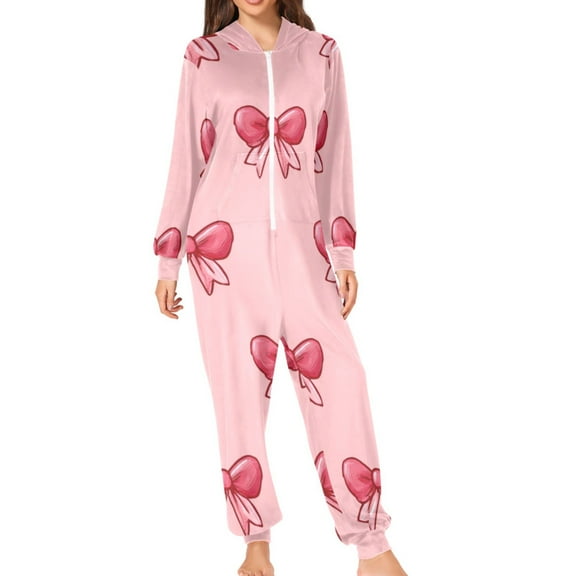 Cute Pink Ribbon Bows Adult's Hoodie Onesie Jumpsuit One-Piece Pajamas with Zipper Unisex for Holiday S