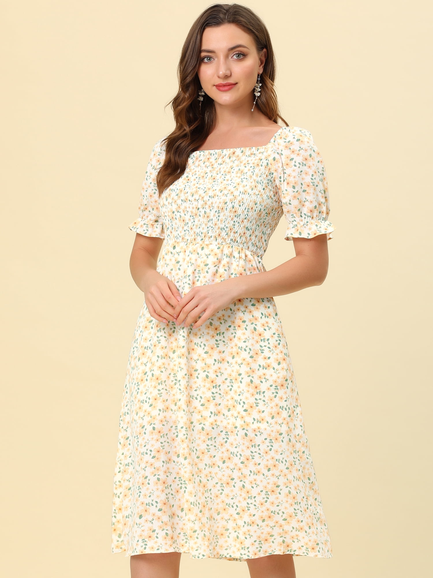 DARING DIVA Women's Cottagecore Floral Dress Puff Sleeves Smocked Dresses 3XL Orange