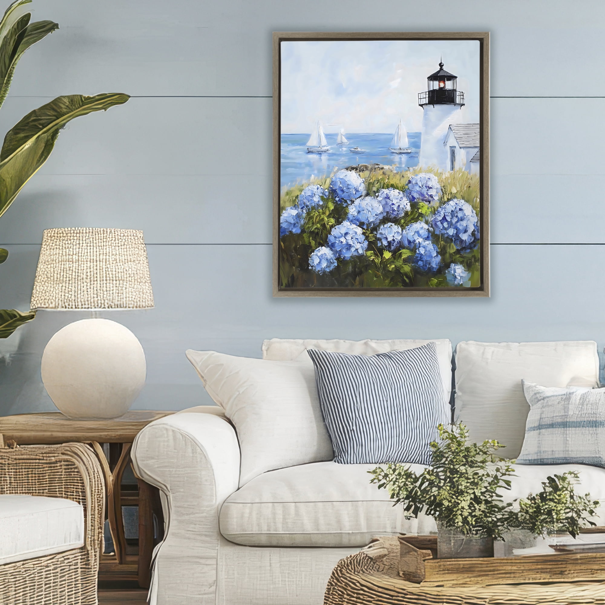 Stupell Industries Lighthouse Surrounded by Hydrangeas Brown Framed Floater Canvas Wall Art, design by Arlington Prints