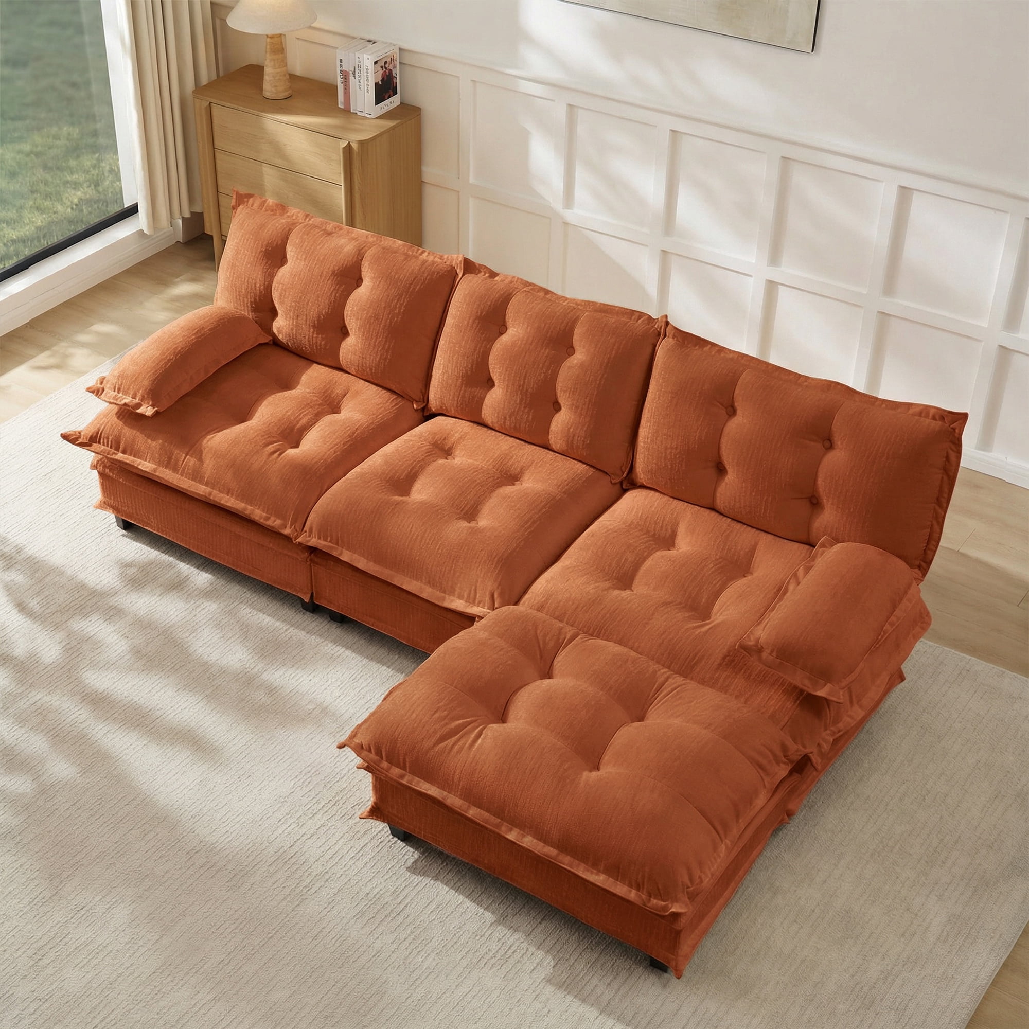 AISWORD 107" L-Shaped Modular Sectional Cloud Sofa with Ottoman, Chenille Fabric Deep Seat Couch with Lattice Decored Cushions