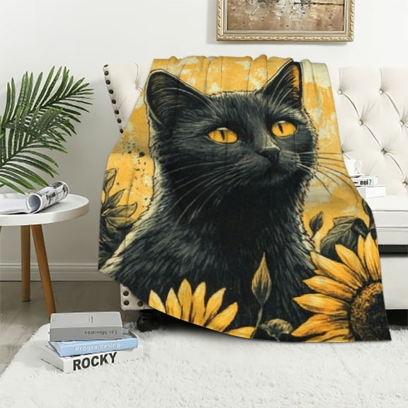 BCIIG Black Cat Blanket Sunflower Cartoon Retro Kitty Throw Blankets for Mom Girls Women Cat Gifts Flannel Soft Warm Cozy Fuzzy Throw Blankets for Bed Sofa Decor Valentine Day Gifts 40x50in