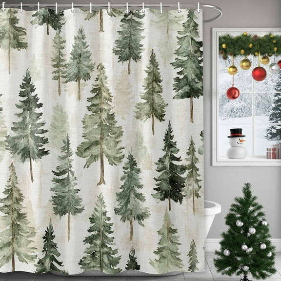 Watercolor Christmas Tree on Linen Shower Curtain for Bathroom, Seamless Green Pine Trees Waterproof Shower Curtains Washable Quick Dry with Hooks Bathtub Curtains 72x72IN