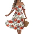 thumbnail image 2 of Women's Off Shoulder Floral Smocked Midi Flowy Long Dresses Dress for Beach Summer White S, 2 of 10