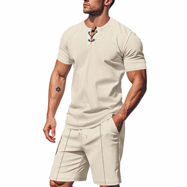 Eres Más Que una Prueba Puntuación Camisa Hombres Moda Cordón de Color Sólido Manga Corta Blusas con Cuello en V Conjunto de Cintura Elástica